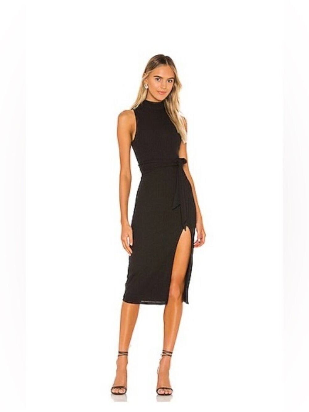Lovers + Friends Devyn Black Sleeveless Midi Dress Side Slit & Waist Tie M NWT